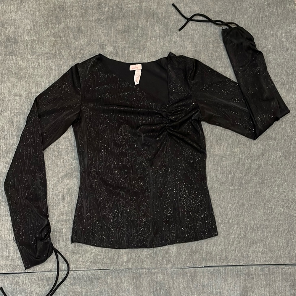 Vintage siren Lilly black Top Stretch, textured shimmer asymmetric neck M 24-147